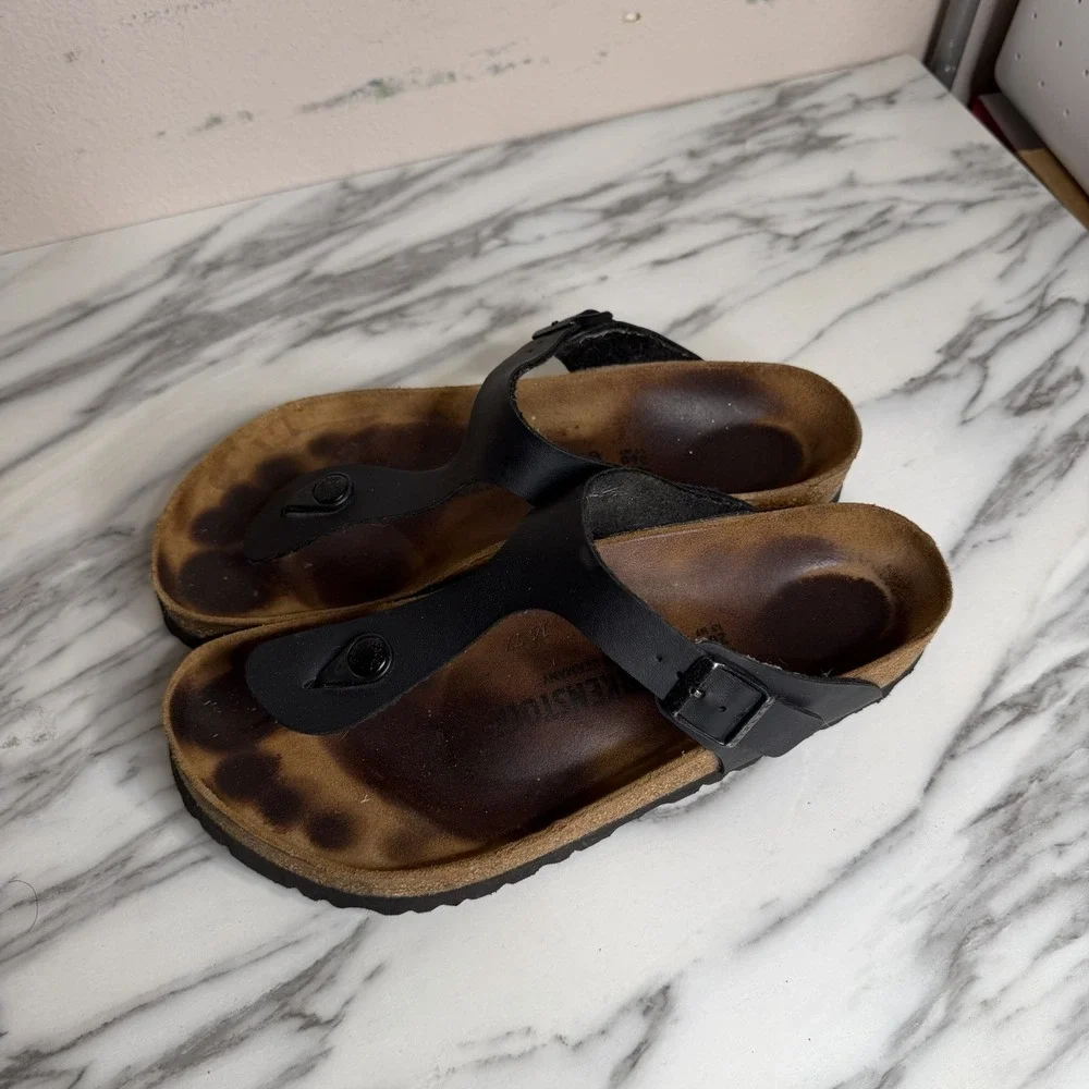 Birkenstock Gizeh Womens Leather Sandals Black Thong Birkoflor Size 40 US 9 Cork